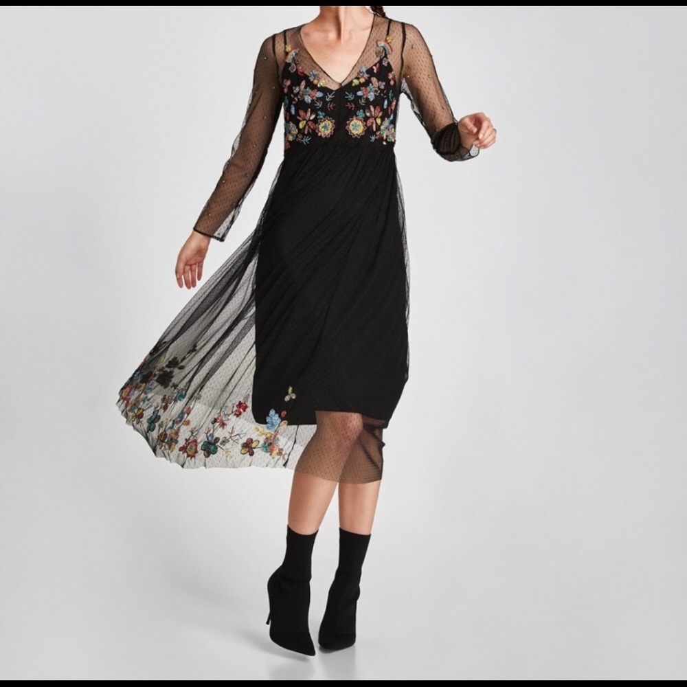 ZARA black tulle beaded Midi dress NWT